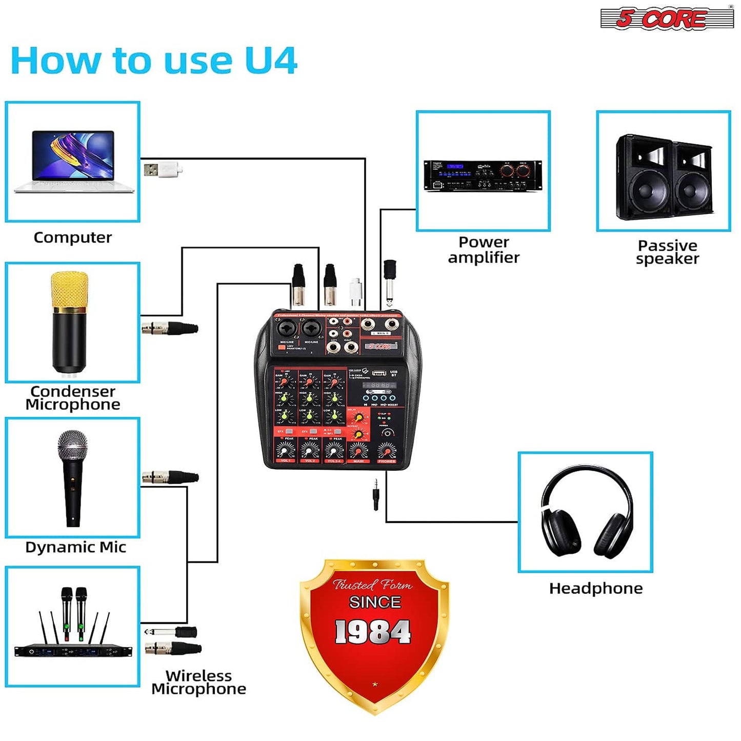 4 Channel Mini Audio Mixer Bluetooth USB DJ Console +Sound Card Studio