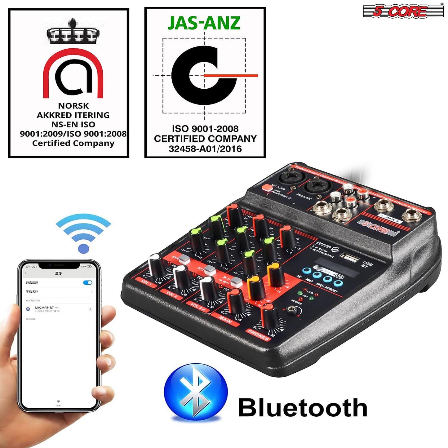 4 Channel Mini Audio Mixer Bluetooth USB DJ Console +Sound Card Studio