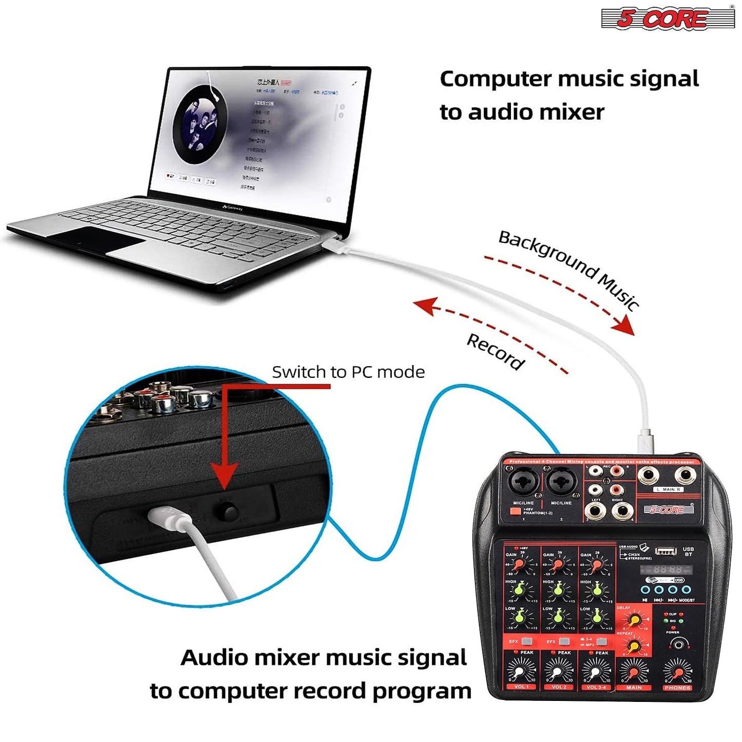 4 Channel Mini Audio Mixer Bluetooth USB DJ Console +Sound Card Studio