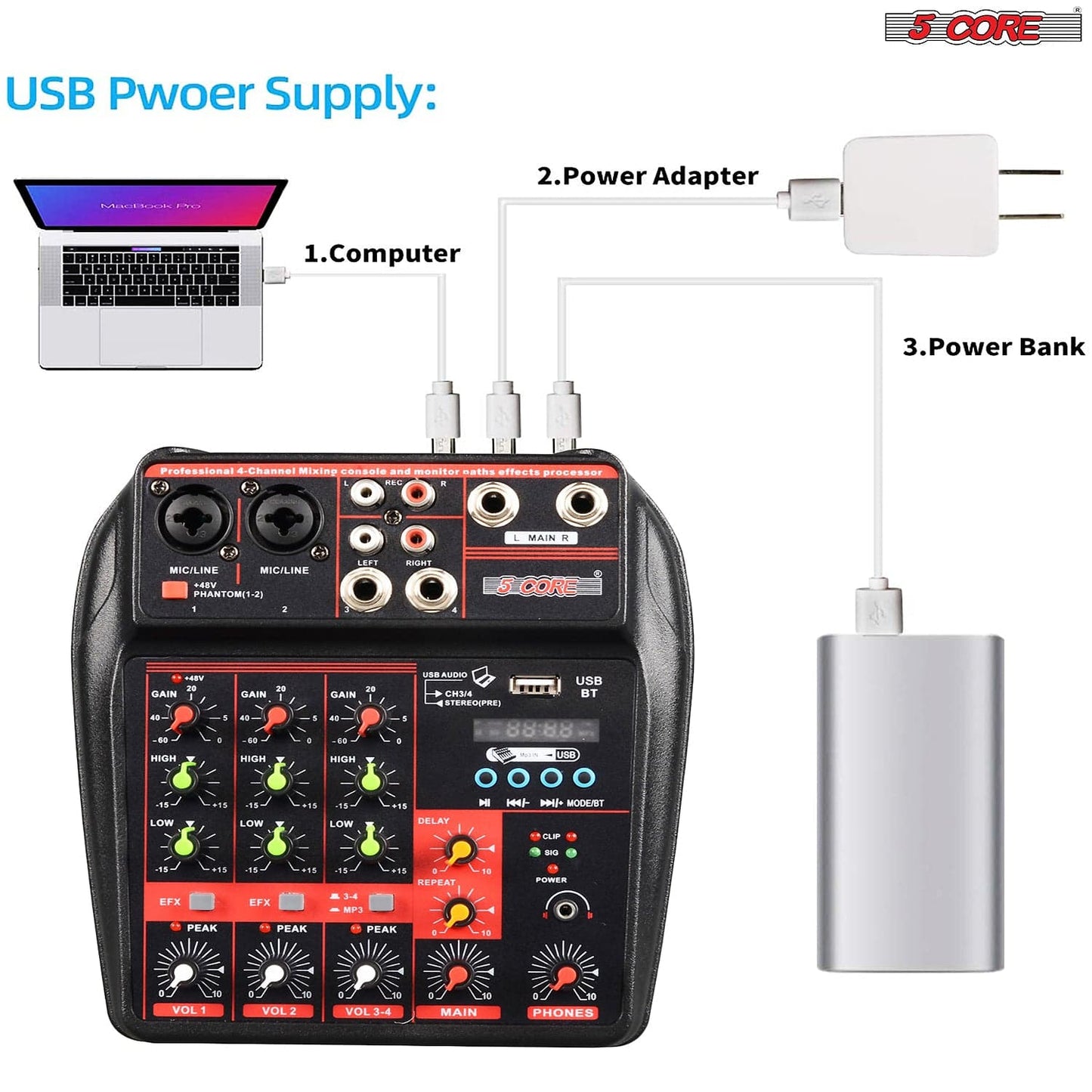 4 Channel Mini Audio Mixer Bluetooth USB DJ Console +Sound Card Studio