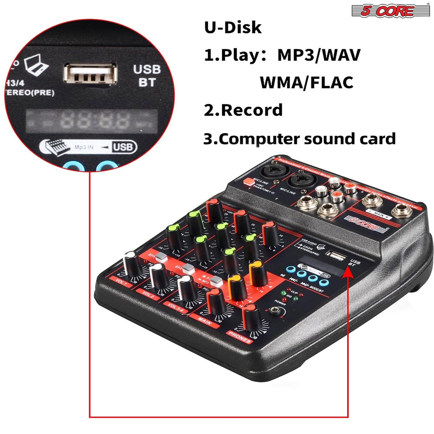 4 Channel Mini Audio Mixer Bluetooth USB DJ Console +Sound Card Studio