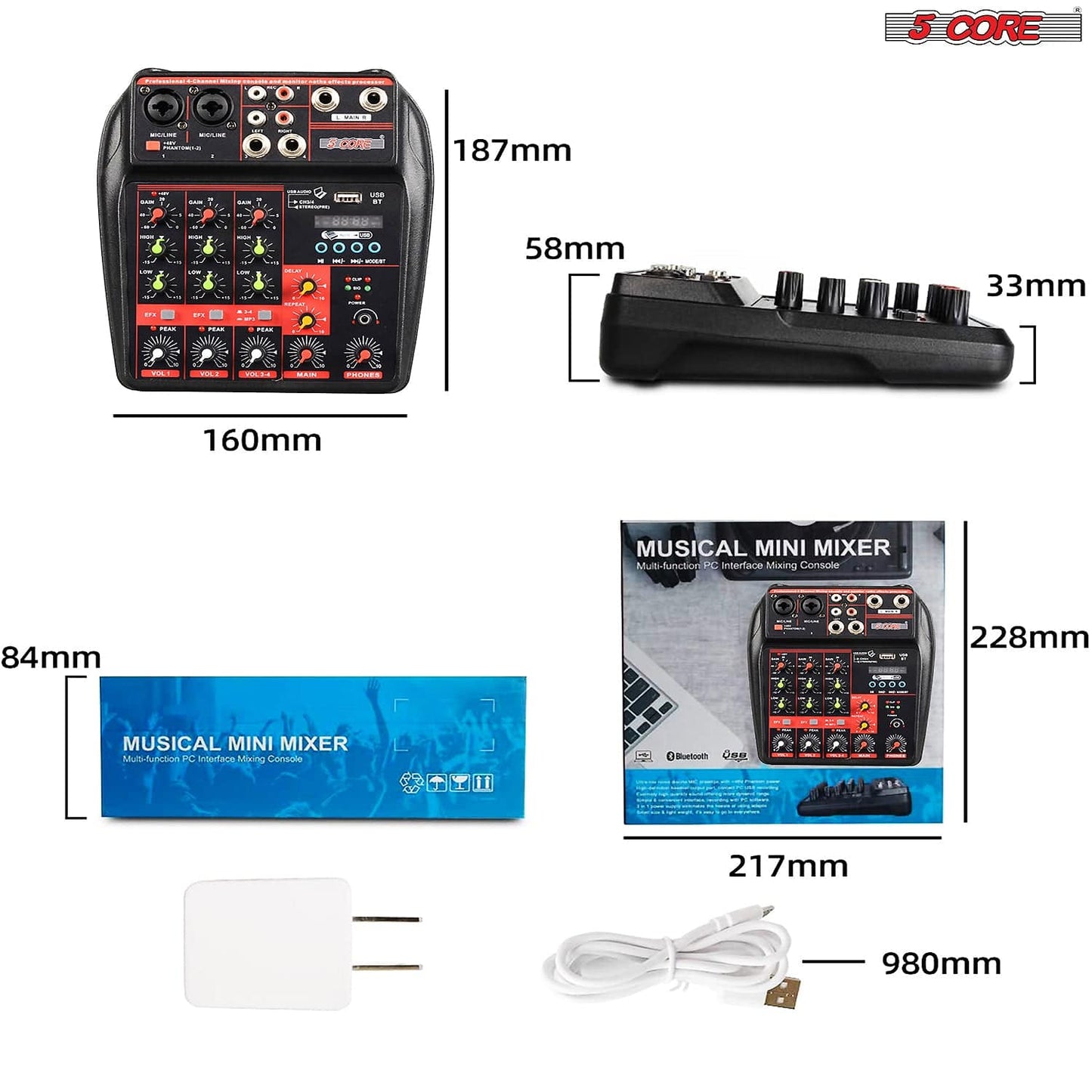 4 Channel Mini Audio Mixer Bluetooth USB DJ Console +Sound Card Studio