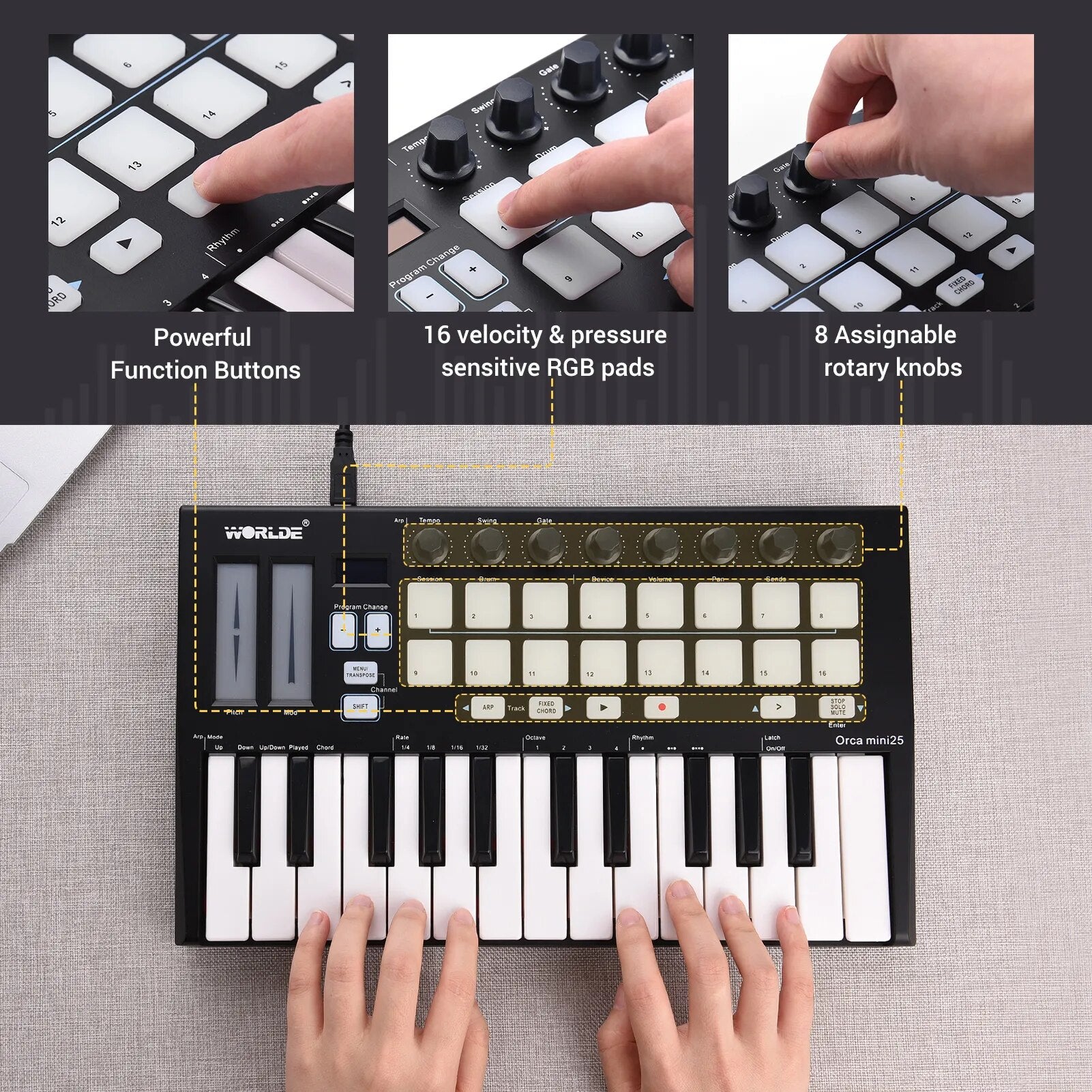 WORLDE Orca mini25 Portable 25-Key USB MIDI Keyboard Controller with 16 RGB Backlit Trigger Pads 8 Assignable Control Knobs - Ampere Galaxy