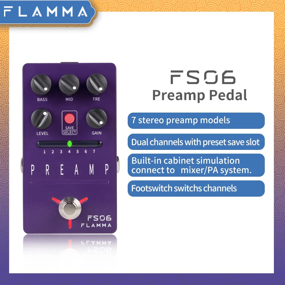 FLAMMA FS06 Preamp Pedal Digital Guitar Effects Pedal with 7 Preamp Models Preset Save Slot Built-in Cabinet Simulation - Ampere Galaxy