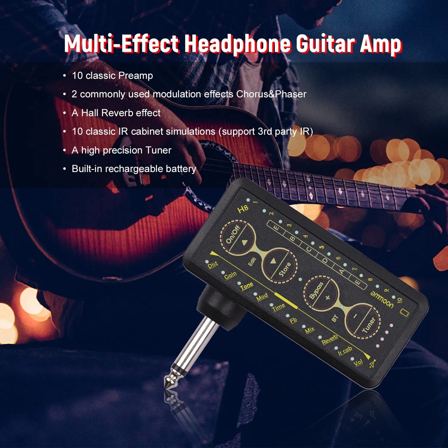 Ammoon Multi-effects Guitar Headphone Amplifier Rechargeable Pocket Guitar Amp 3.5mm Jack - Ampere Galaxy