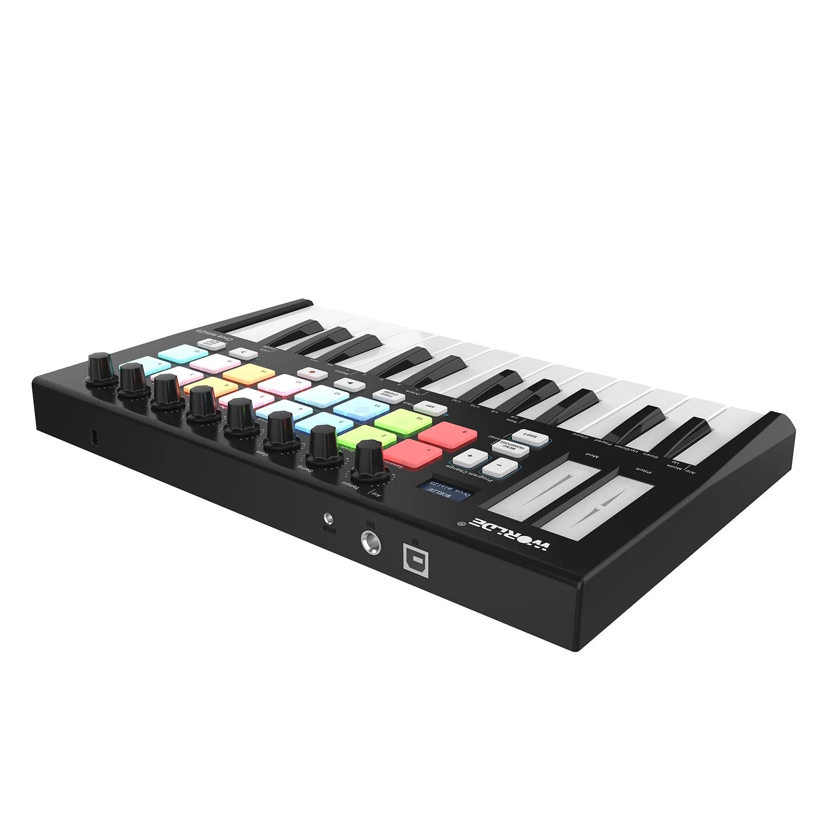 WORLDE Orca mini25 Portable 25-Key USB MIDI Keyboard Controller with 16 RGB Backlit Trigger Pads 8 Assignable Control Knobs - Ampere Galaxy