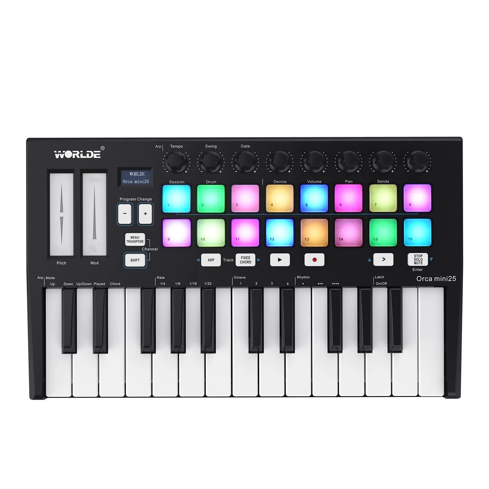 WORLDE Orca mini25 Portable 25-Key USB MIDI Keyboard Controller with 16 RGB Backlit Trigger Pads 8 Assignable Control Knobs - Ampere Galaxy