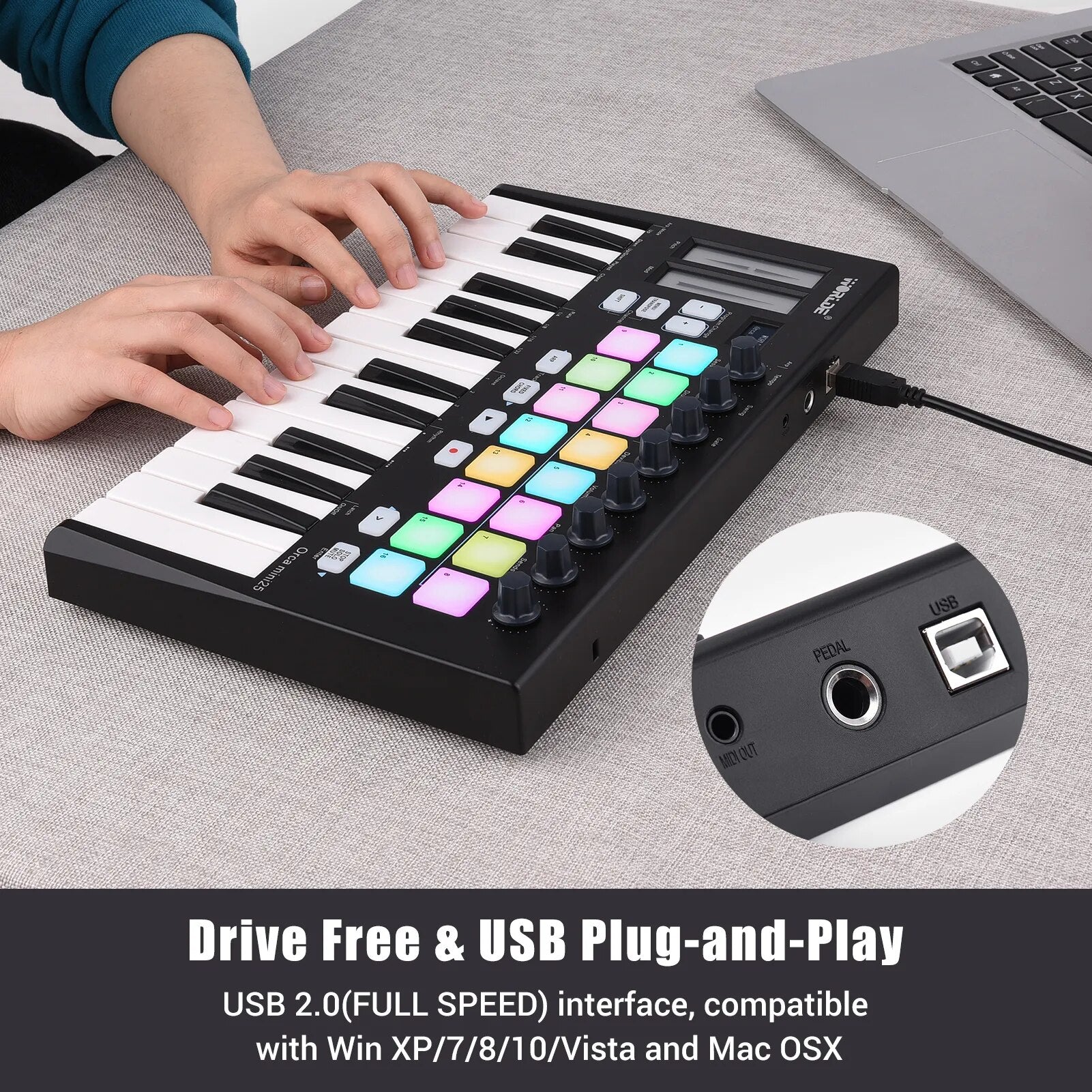 WORLDE Orca mini25 Portable 25-Key USB MIDI Keyboard Controller with 16 RGB Backlit Trigger Pads 8 Assignable Control Knobs - Ampere Galaxy