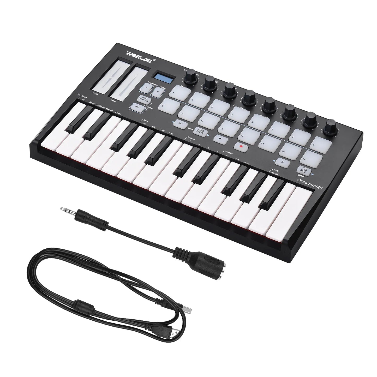 WORLDE Orca mini25 Portable 25-Key USB MIDI Keyboard Controller with 16 RGB Backlit Trigger Pads 8 Assignable Control Knobs - Ampere Galaxy