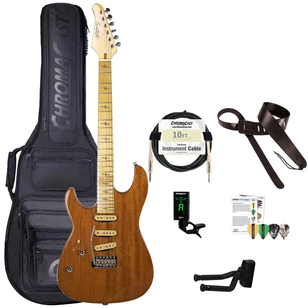 Natural Series Left-Handed Mahogany 24-Fret Electric Guitar with Single Coil Pickups, Gig bag and ChromaCast Accessories - Ampere Galaxy