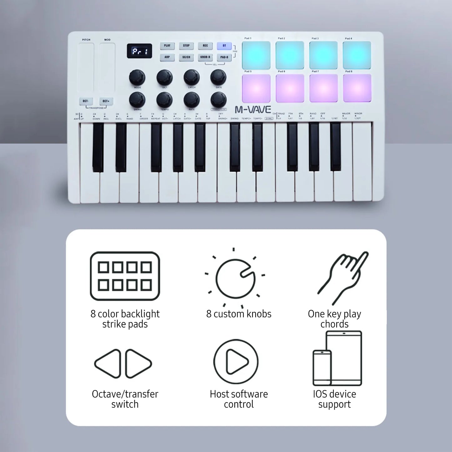 M-VAVE 25-Key MIDI Control Mini USB MIDI Controller with 25 Velocity Sensitive Keys 8-Knob Keyboard instrument - Ampere Galaxy