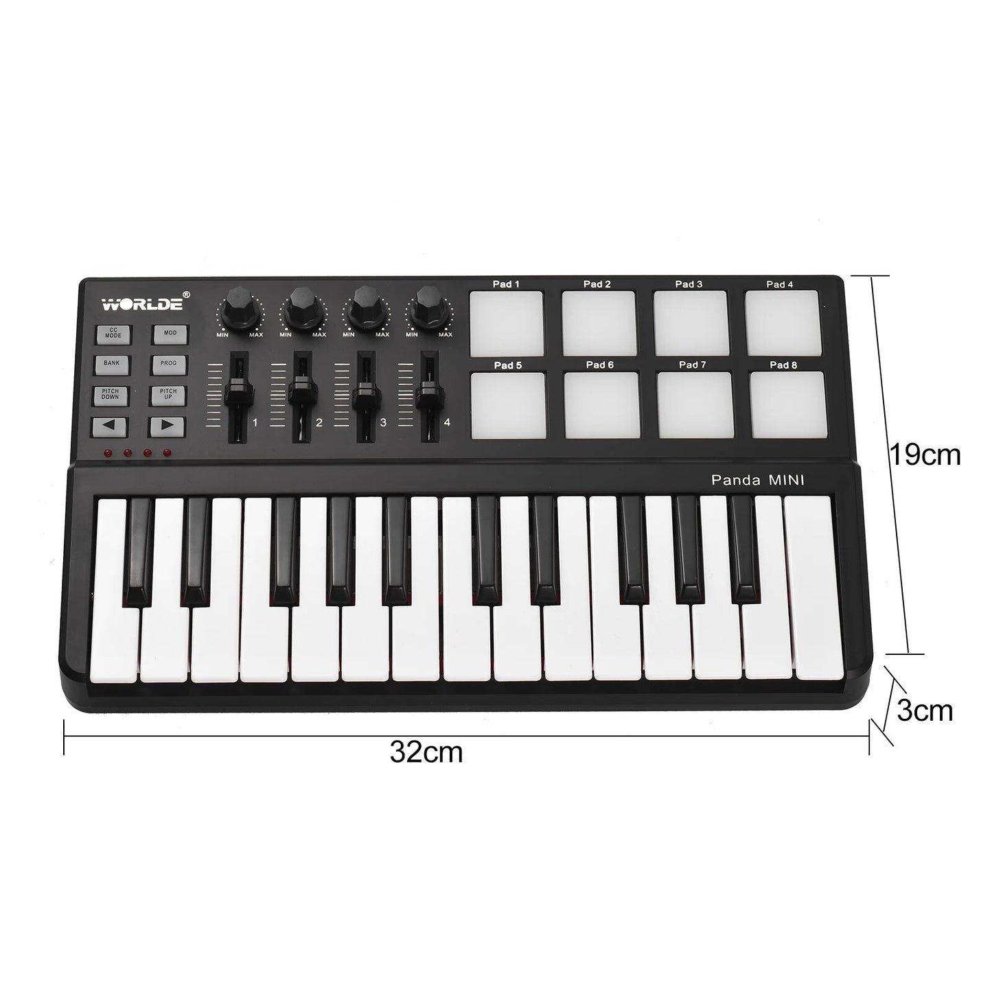 Worlde Panda Midi Keyboard Mini 25 Velocity-sensitive Keys USB Powered Drum Pad MIDI Controller - Ampere Galaxy