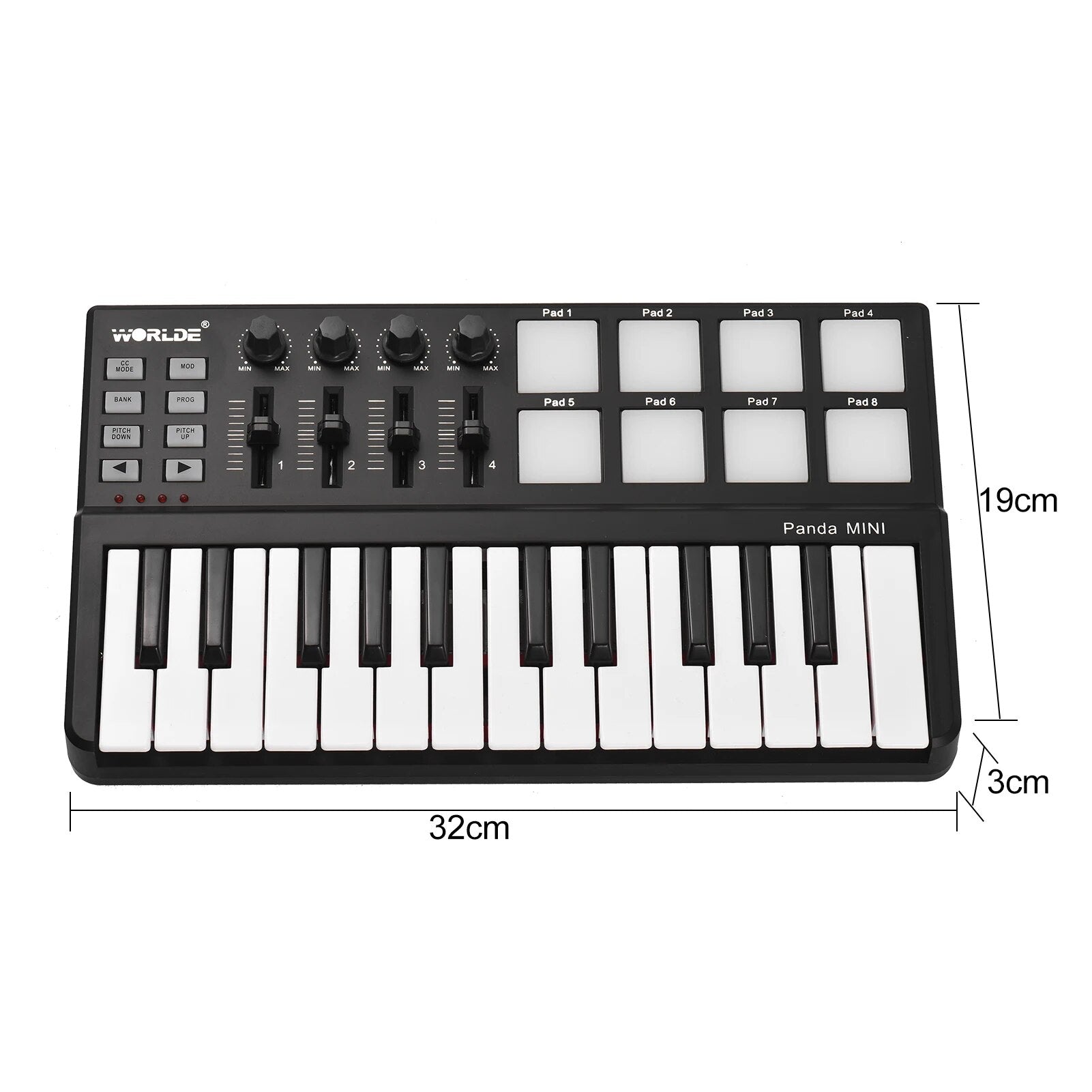 Worlde Panda Midi Keyboard Mini 25 Velocity-sensitive Keys USB Powered Drum Pad MIDI Controller - Ampere Galaxy