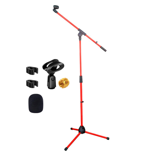 Professional Product Title: "5 Core Red Microphone Stand - Collapsible Height Adjustable up to 6Ft with Boom Arm, Metal Tripod Stand for Singing, Karaoke, Speech, Stage Recording - MS 080 RED"