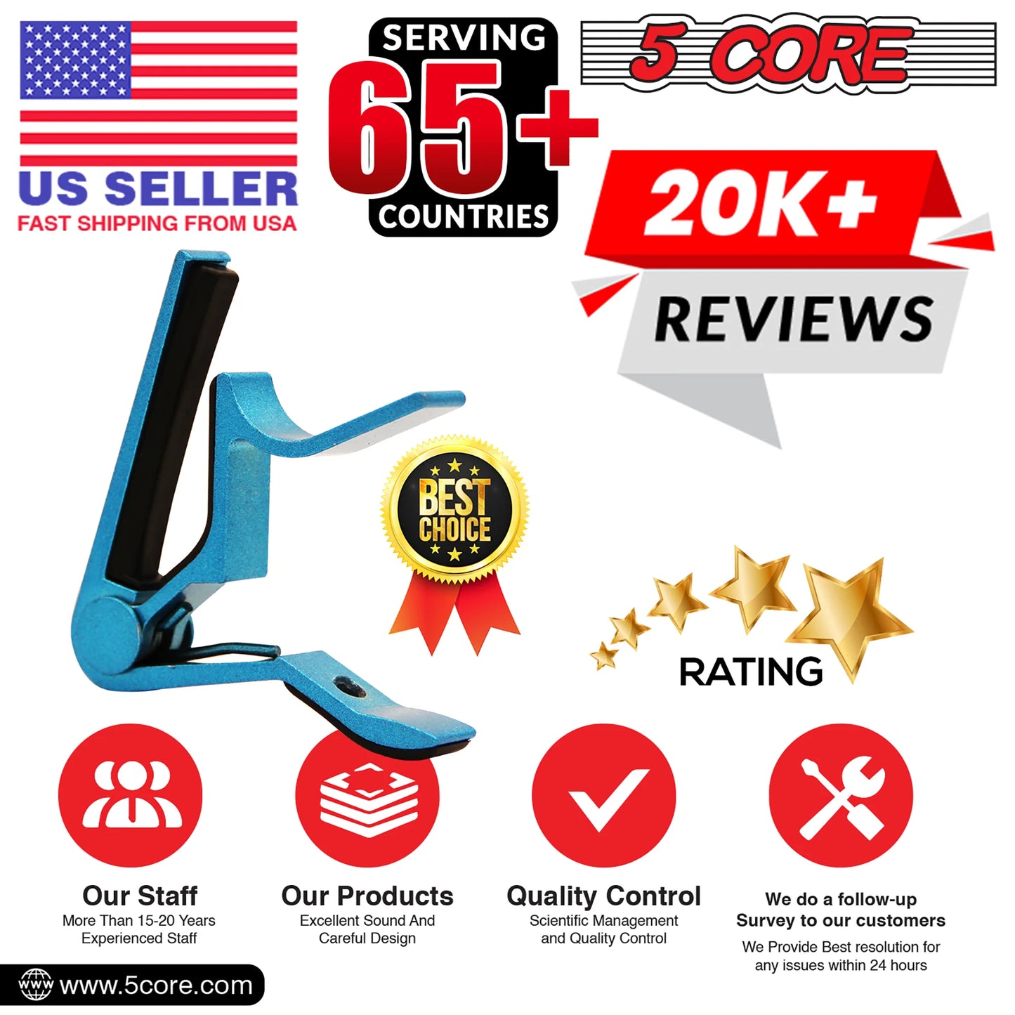 "5 Core Premium Guitar Capo for Acoustic and Classical Guitars, Ukulele, Mandolin, and Banjo - Set of 2 Blue Capos"