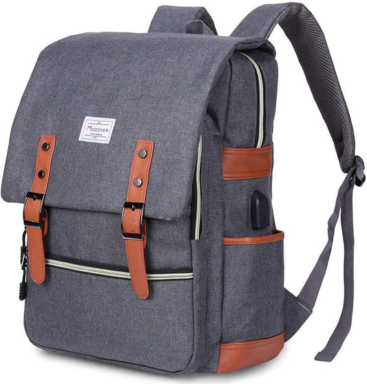 Chic Grey Laptop Backpack: Stylish Vintage Design with USB Charging Port for 15.6-Inch Notebooks, Ideal for Men and Women on the Go