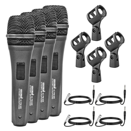 "5 Core PM 608 4PCS Professional Black Dynamic Karaoke XLR Wired Microphone Set with ON/OFF Switch, Integrated Pop Filter, Cardioid Unidirectional Pickup, Handheld Micrófono for Singing, DJ, Podcasts, Speeches - Includes Cable and Mic Holder"