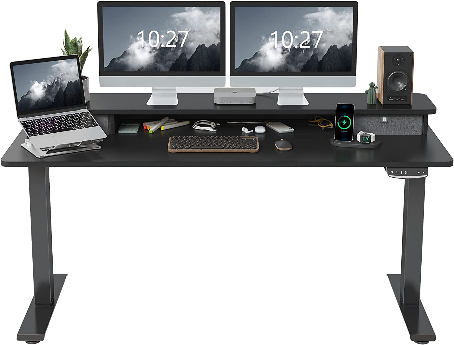 Height Adjustable Electric Standing Desk with Double Drawer, 60 X 24 Inch Stand up Table with Storage Shelf, Sit Stand Desk with Splice Board, Black Frame/Black Top