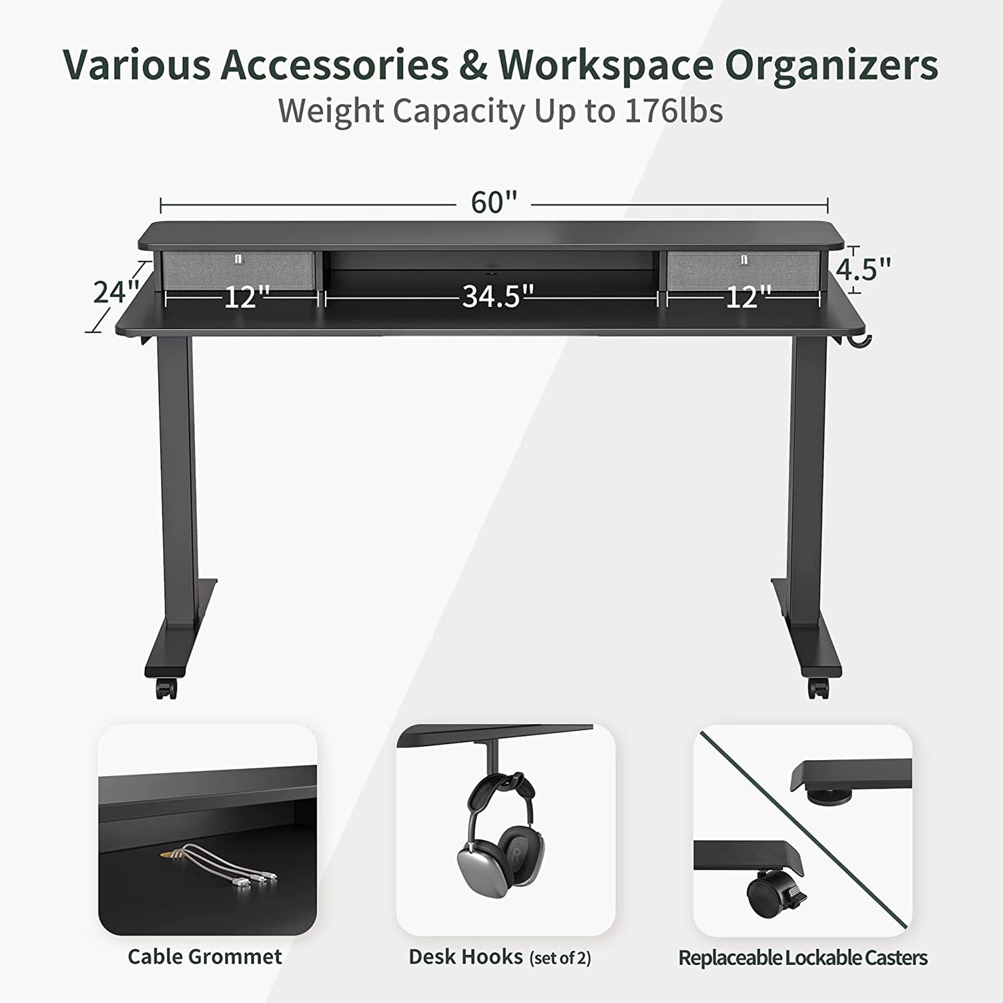 Height Adjustable Electric Standing Desk with Double Drawer, 60 X 24 Inch Stand up Table with Storage Shelf, Sit Stand Desk with Splice Board, Black Frame/Black Top