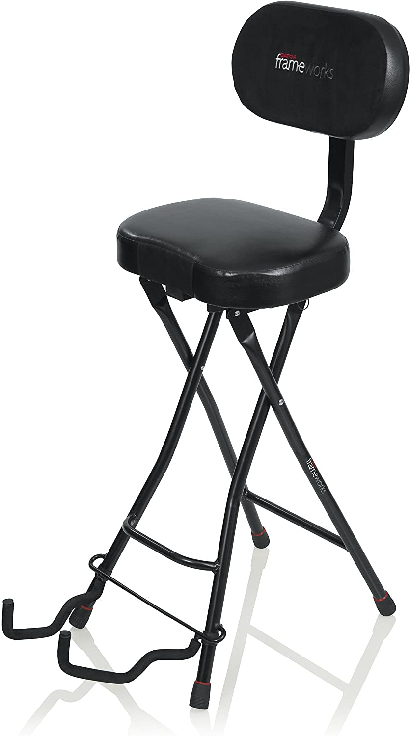 Guitar Seat with Padded Cushion, Ergonomic Backrest and Fold Out Guitar Stand; Holds Both Acoustic and Electric Guitars (GFW-GTR-SEAT)