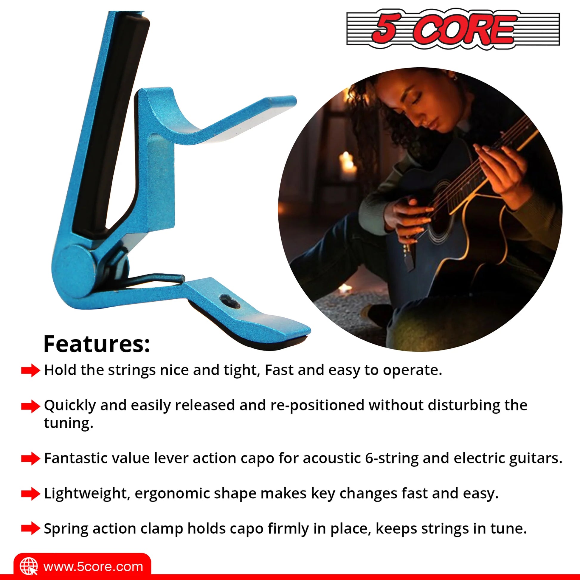 "5 Core Premium Guitar Capo for Acoustic and Classical Guitars, Ukulele, Mandolin, and Banjo - Set of 2 Blue Capos"