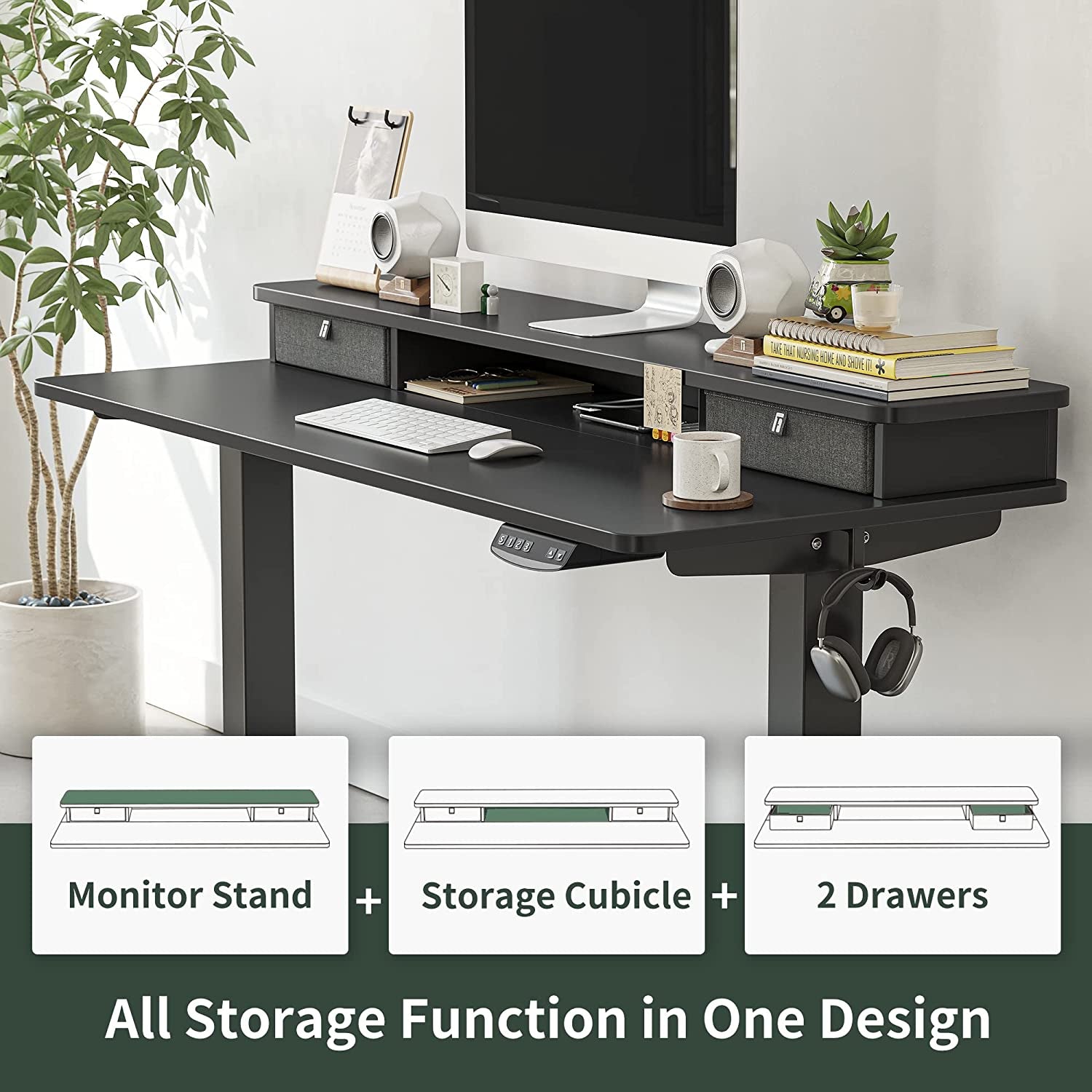 Height Adjustable Electric Standing Desk with Double Drawer, 60 X 24 Inch Stand up Table with Storage Shelf, Sit Stand Desk with Splice Board, Black Frame/Black Top