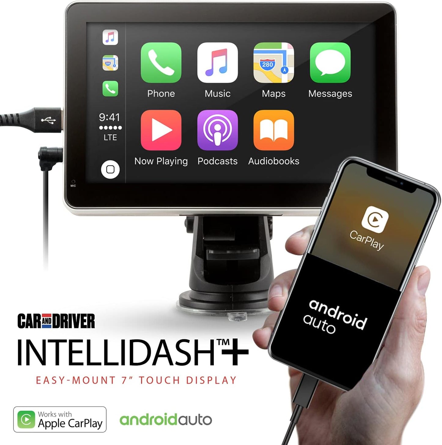 INTellIDASH: 7'' IPS Touchscreen Multimedia Player with Apple CarPlay, Android Auto, Bluetooth, Mirror Link, SiriusXM, Google, Siri Assistant – Ideal for Dash or Windshield Mounting