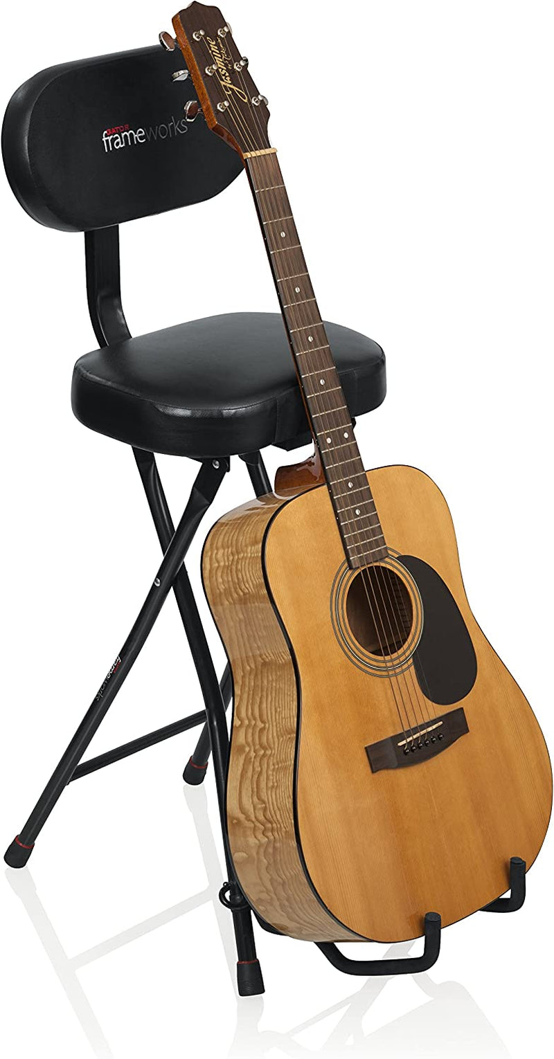 Guitar Seat with Padded Cushion, Ergonomic Backrest and Fold Out Guitar Stand; Holds Both Acoustic and Electric Guitars (GFW-GTR-SEAT)