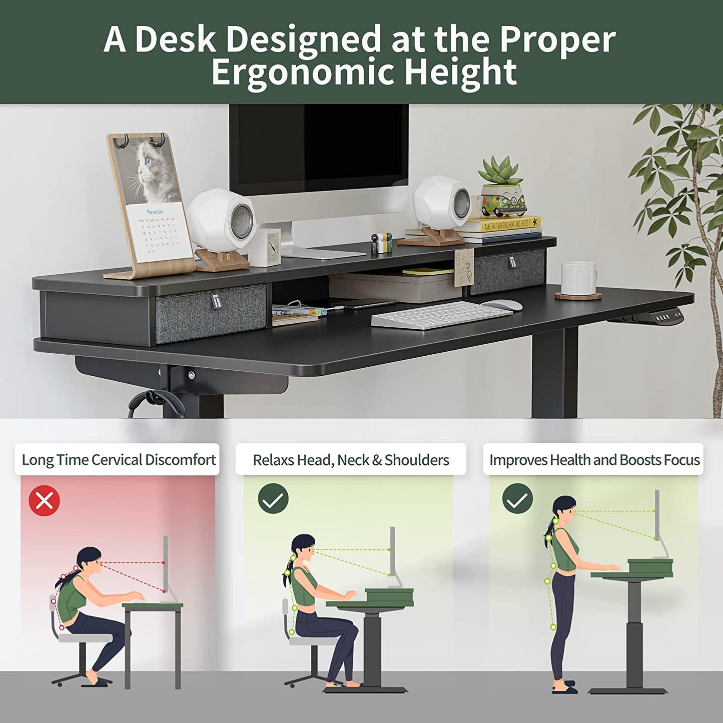 Height Adjustable Electric Standing Desk with Double Drawer, 60 X 24 Inch Stand up Table with Storage Shelf, Sit Stand Desk with Splice Board, Black Frame/Black Top