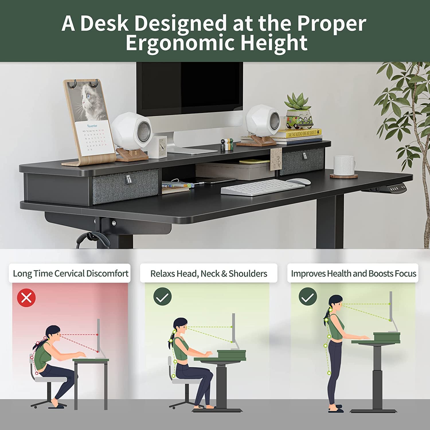 Height Adjustable Electric Standing Desk with Double Drawer, 60 X 24 Inch Stand up Table with Storage Shelf, Sit Stand Desk with Splice Board, Black Frame/Black Top