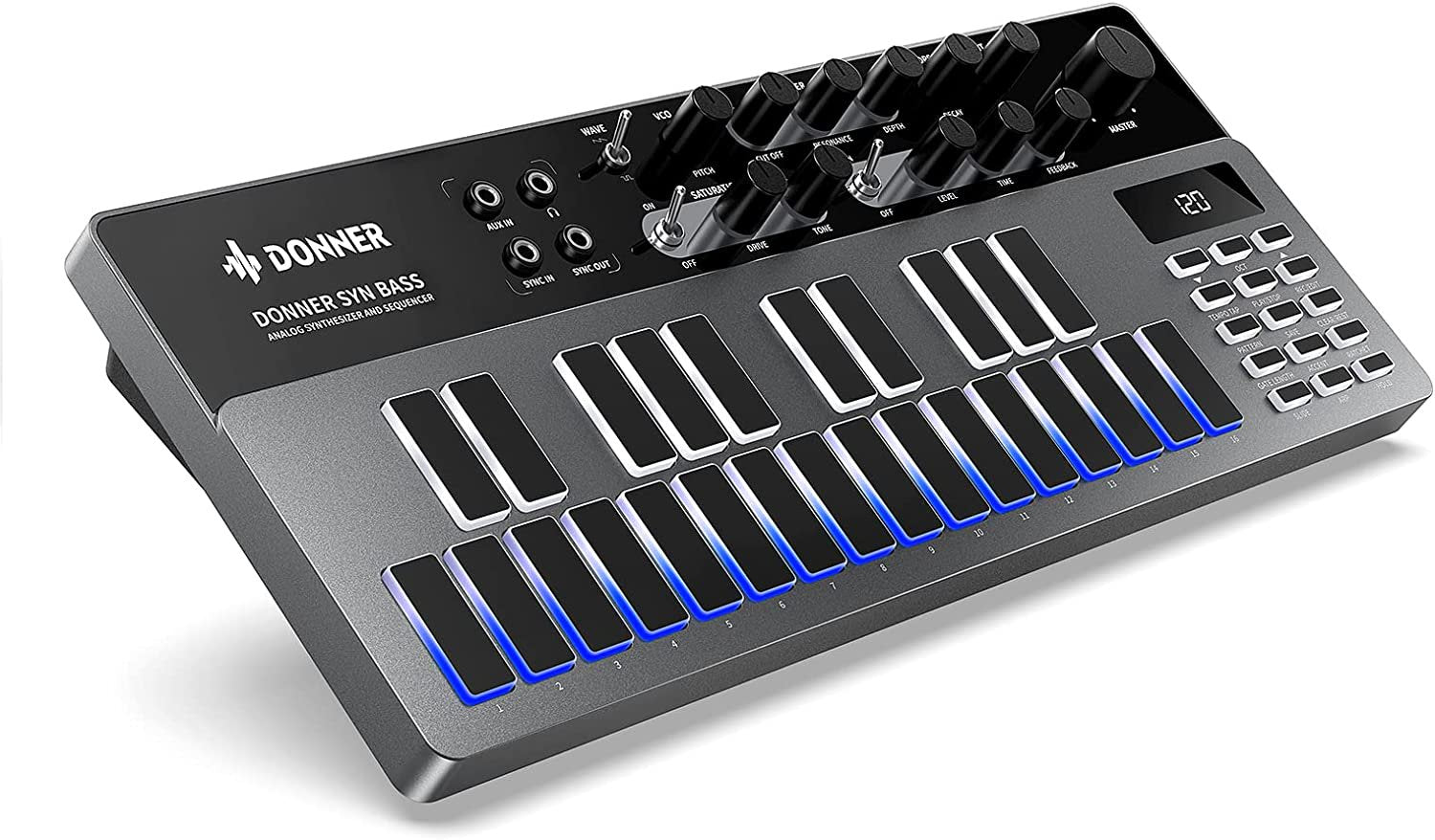 B1 Controller, Analog Bass Synthesizer and Sequencer with 128 Patterns, Saturation & Delay Effects, LED Display and MIDI IN/OUT