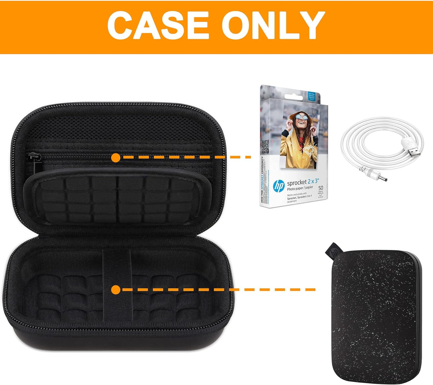 Hard Case for HP Sprocket Portable 2X3 Instant Photo Printer, Kodak Step Wireless Mobile Photo Printer, Lifeprint 2X3 Photo Printer, Zipper Mesh Bag Fits Photo Paper Cable, Black+Black