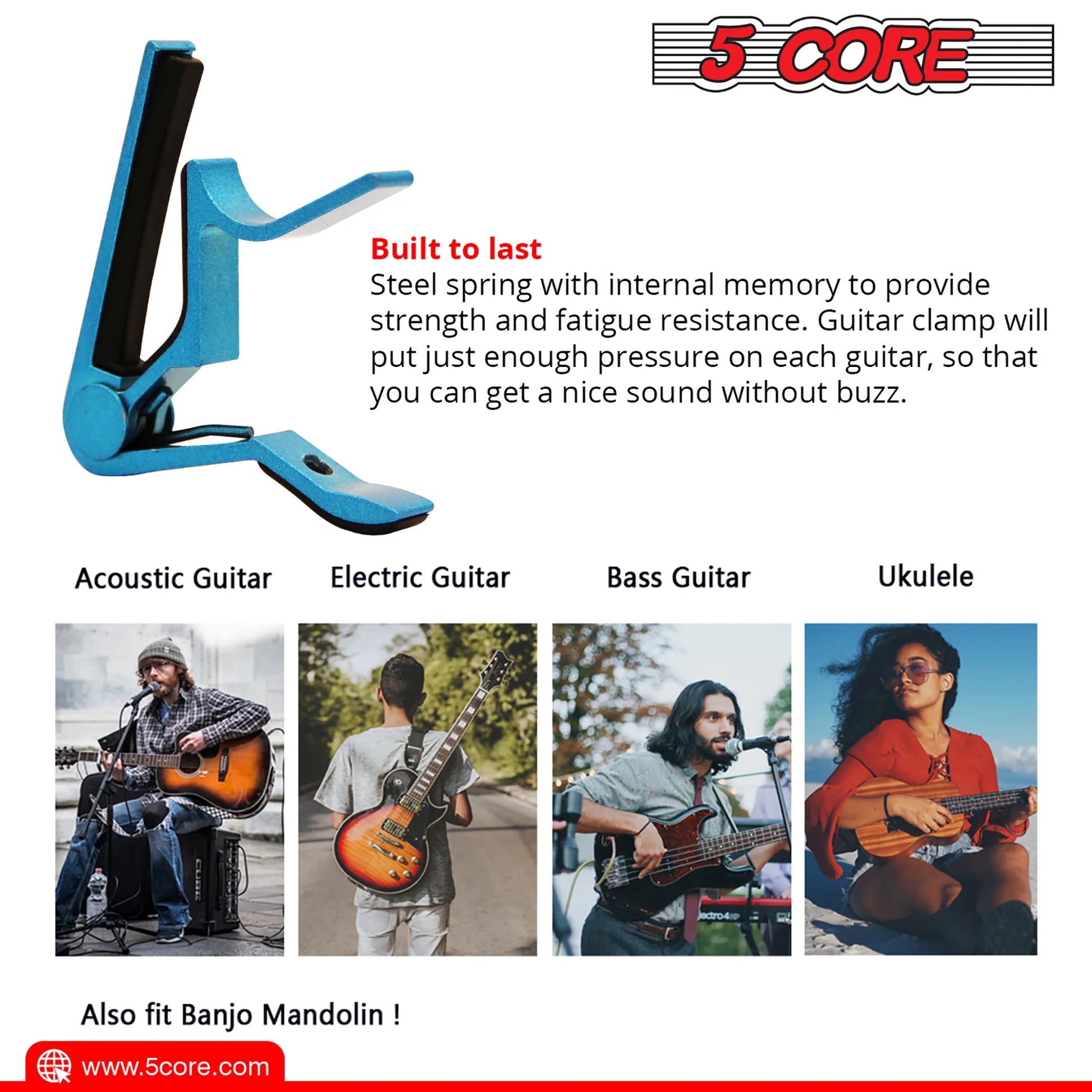 "5 Core Premium Guitar Capo for Acoustic and Classical Guitars, Ukulele, Mandolin, and Banjo - Set of 2 Blue Capos"